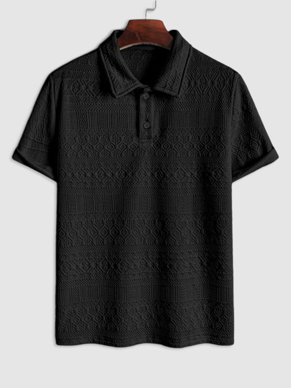 Geometric Retro Jacquard Polo + Casual Shorts 2-piece set-BLACK - Wearline