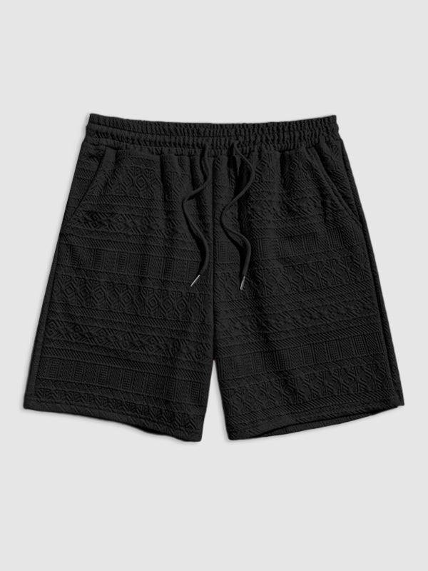 Geometric Retro Jacquard Polo + Casual Shorts 2-piece set-BLACK - Wearline