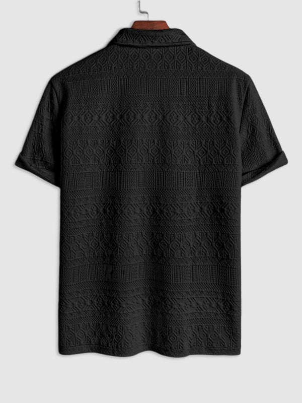 Geometric Retro Jacquard Polo + Casual Shorts 2-piece set-BLACK - Wearline