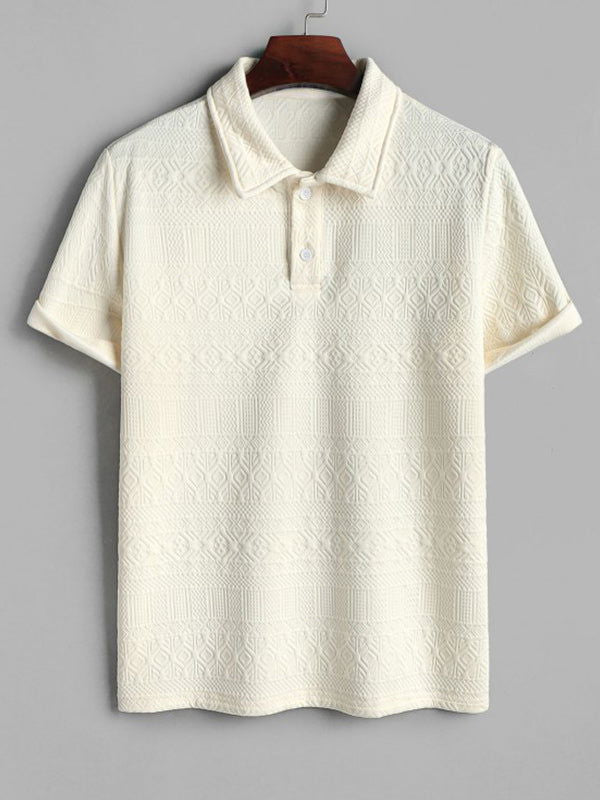 Geometric Retro Jacquard Polo + Casual Shorts 2-piece set-Beige - Wearline