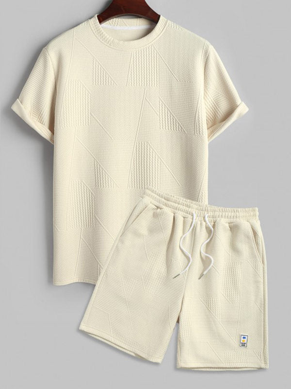 Geometric Retro Jacquard Polo + Casual Shorts 2-piece set-Beige - Wearline