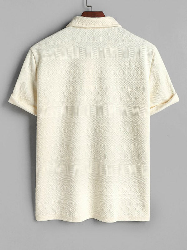 Geometric Vintage Jacquard Lapel Short-Sleeved Polo-Beige - Wearline