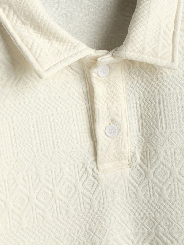 Geometric Vintage Jacquard Lapel Short-Sleeved Polo-Beige - Wearline