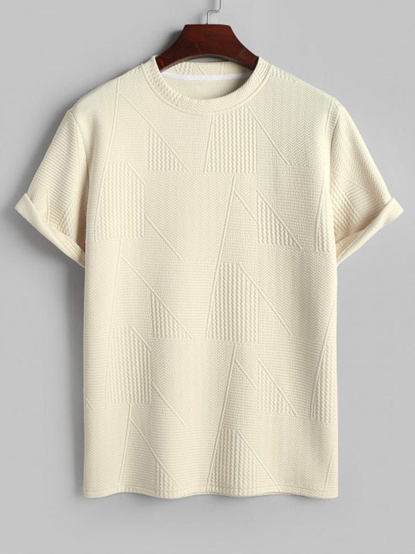 Geometric jacquard round neck short sleeved T-shirt-Beige - Wearline