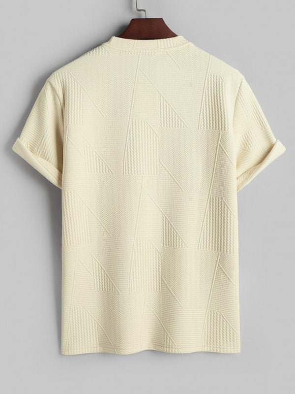 Geometric jacquard round neck short sleeved T-shirt-Beige - Wearline