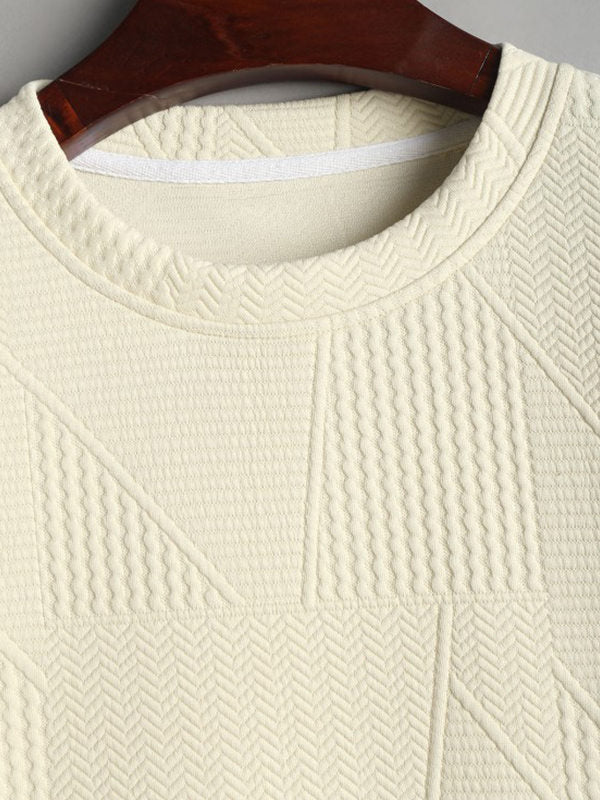 Geometric jacquard round neck short sleeved T-shirt-Beige - Wearline