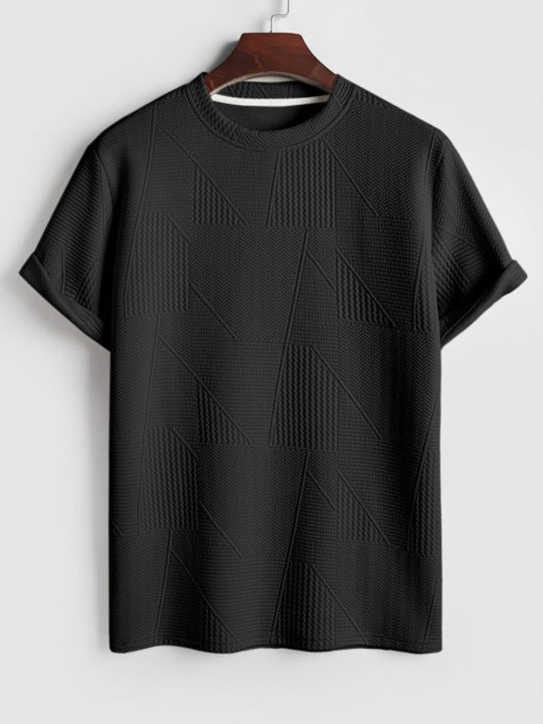 Geometric jacquard round  neck short sleeved T-shirt-Black - Wearline