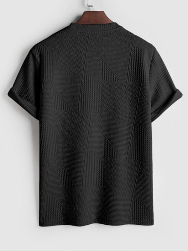 Geometric jacquard round  neck short sleeved T-shirt-Black - Wearline