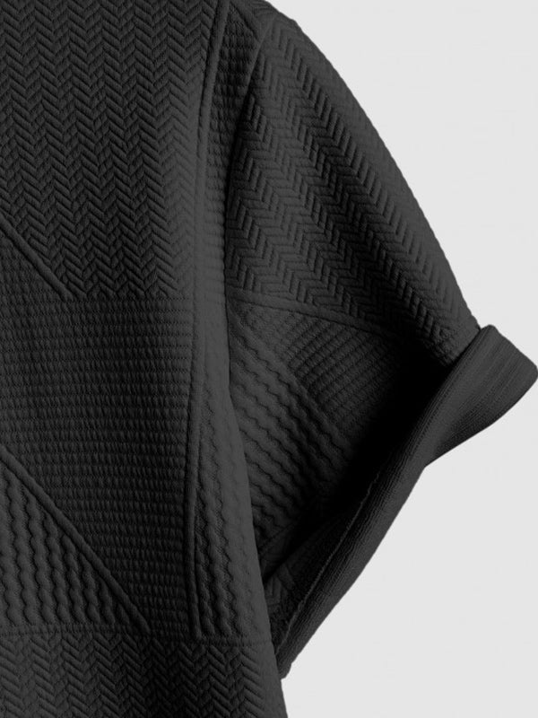 Geometric jacquard round  neck short sleeved T-shirt-Black - Wearline