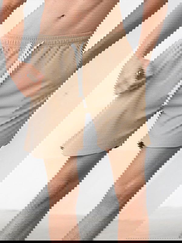 Men's Solid Color Waffle Drawstring Elastic Waist Casual Shorts - Wearline