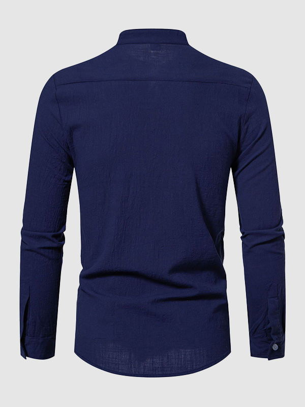 Men's cotton-linen stand collar casual long-sleeved shirt - Wearline