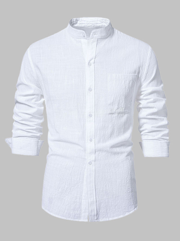 Men's cotton-linen stand collar casual long-sleeved shirt - Wearline