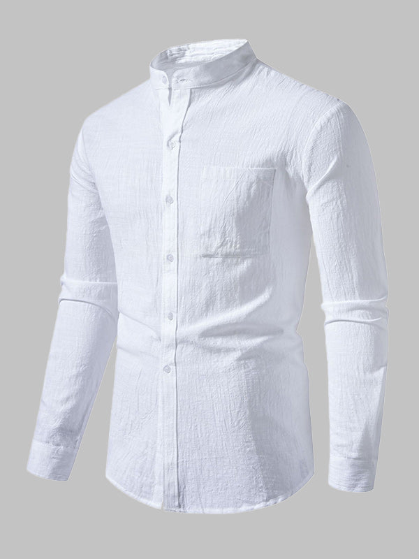 Men's cotton-linen stand collar casual long-sleeved shirt - Wearline