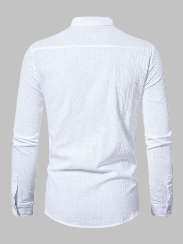 Men's cotton-linen stand collar casual long-sleeved shirt - Wearline