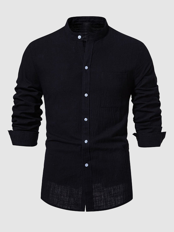 Men's cotton-linen stand collar casual long-sleeved shirt - Wearline