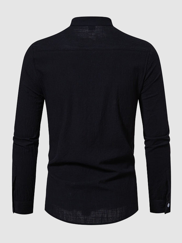 Men's cotton-linen stand collar casual long-sleeved shirt - Wearline