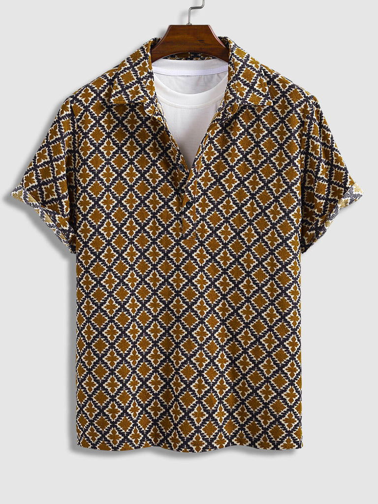 Men's retro ethnic print corduroy half-sleeved POLO - Wearline
