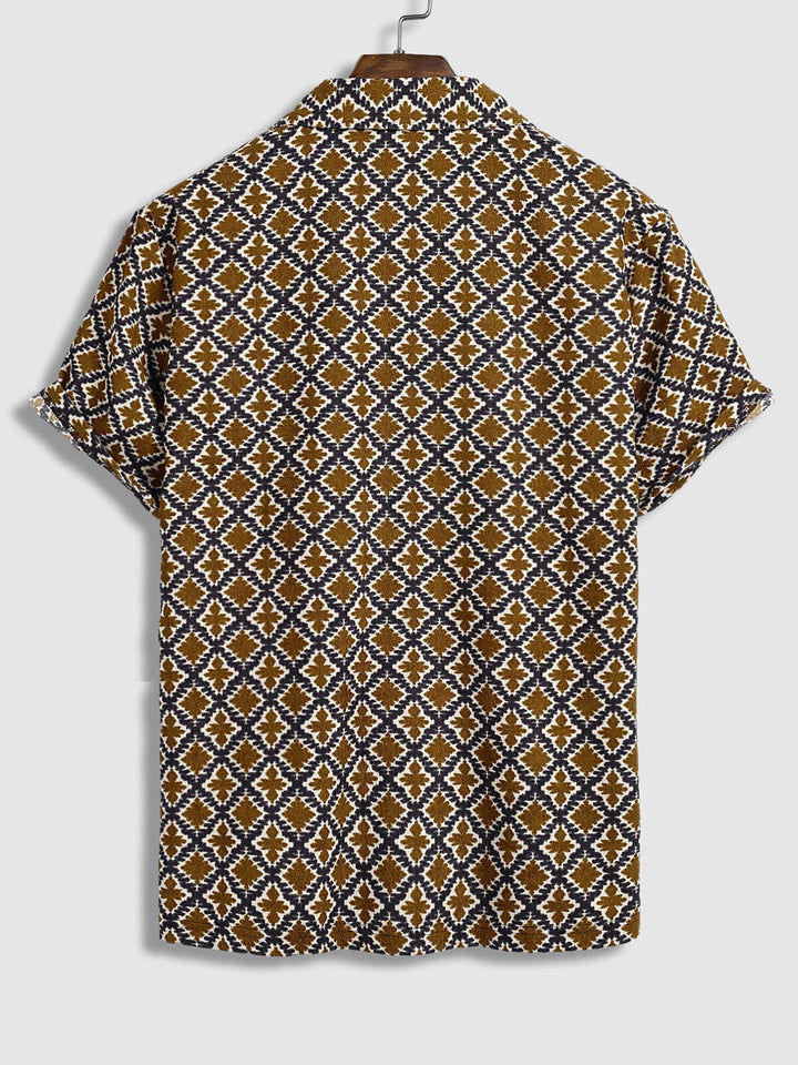 Men's retro ethnic print corduroy half-sleeved POLO - Wearline