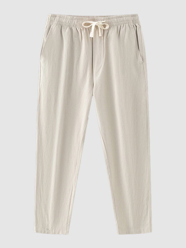 Men's solid color cotton-linen drawstring casual pants - Wearline