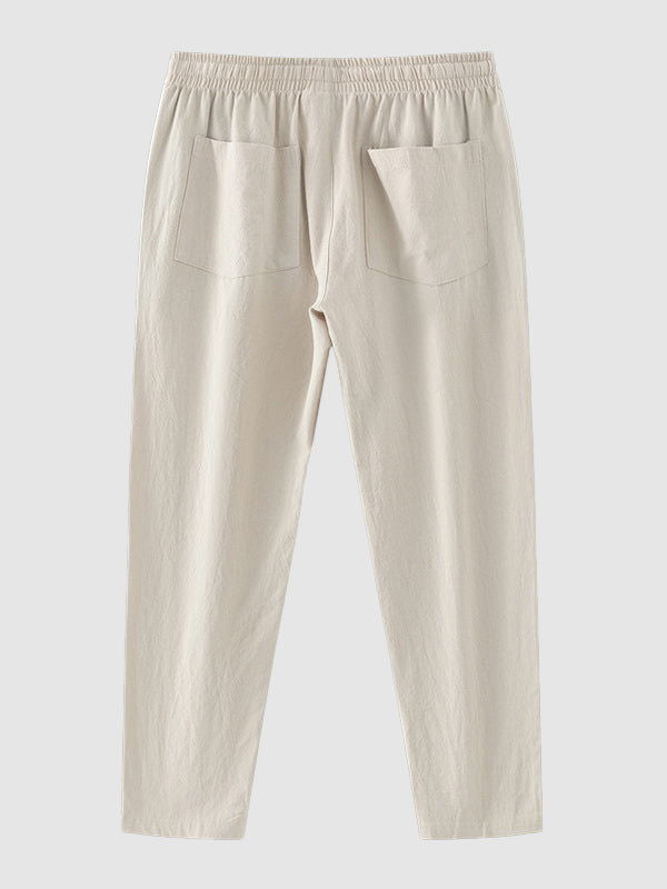 Men's solid color cotton-linen drawstring casual pants - Wearline