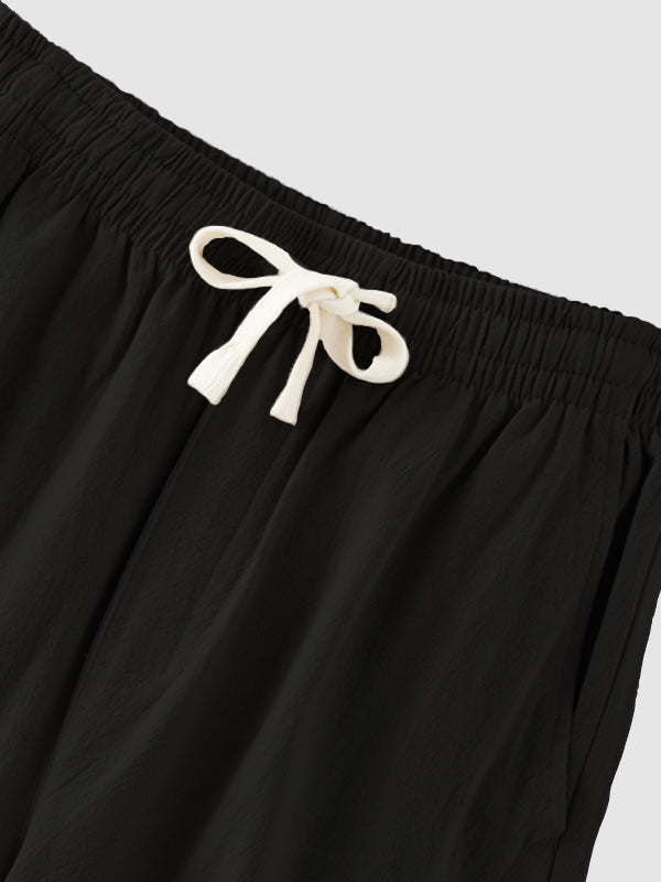 Men's solid color cotton-linen drawstring casual pants - Wearline