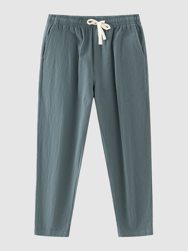 Men's solid color cotton-linen drawstring casual pants - Wearline