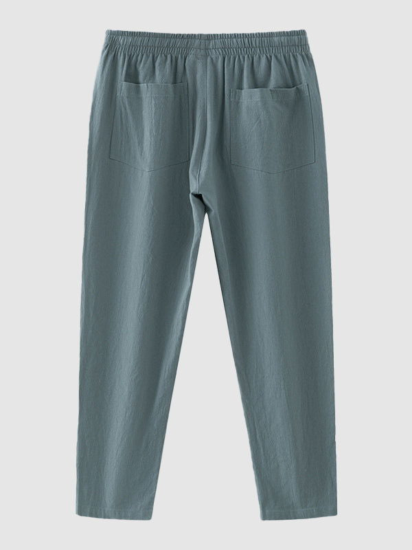 Men's solid color cotton-linen drawstring casual pants - Wearline