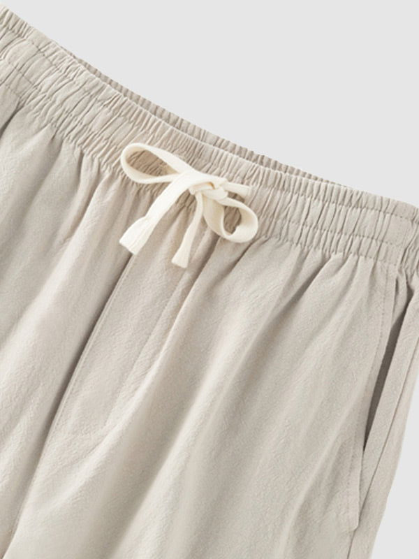 Men's solid color cotton-linen drawstring casual pants - Wearline