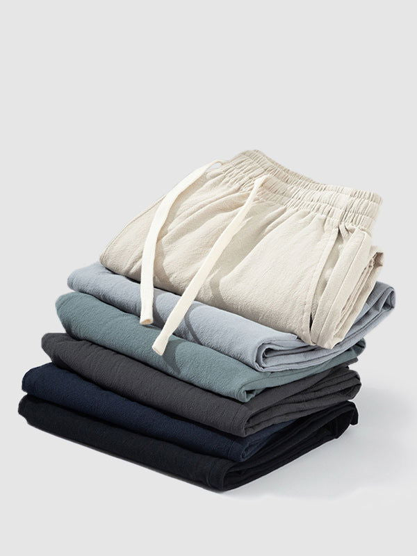 Men's solid color cotton-linen drawstring casual pants - Wearline