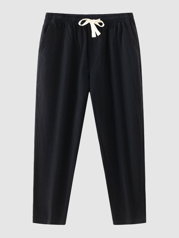 Men's solid color cotton-linen drawstring casual pants - Wearline