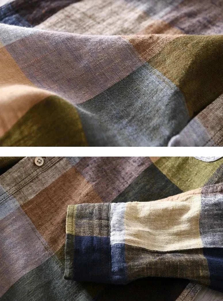Linen-cotton plaid shirt