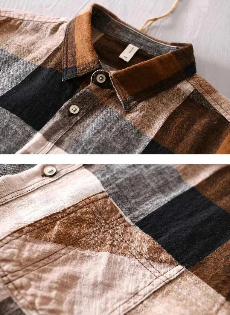 Linen-cotton plaid shirt