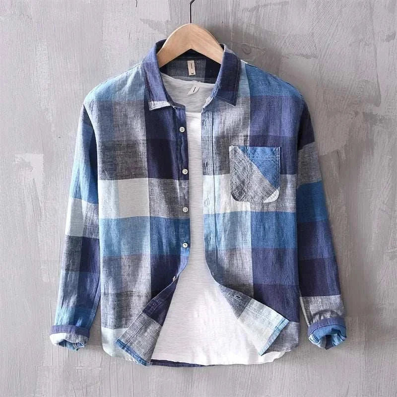 Linen-cotton plaid shirt