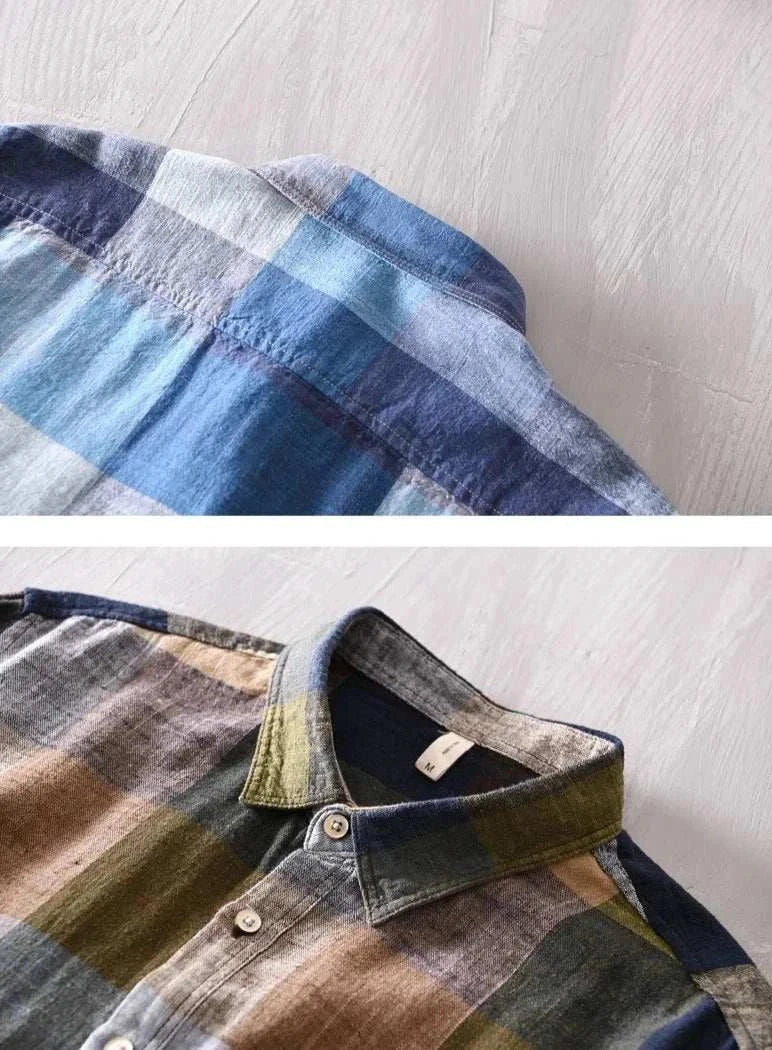 Linen-cotton plaid shirt