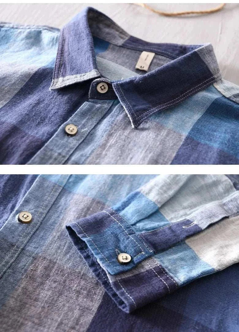 Linen-cotton plaid shirt