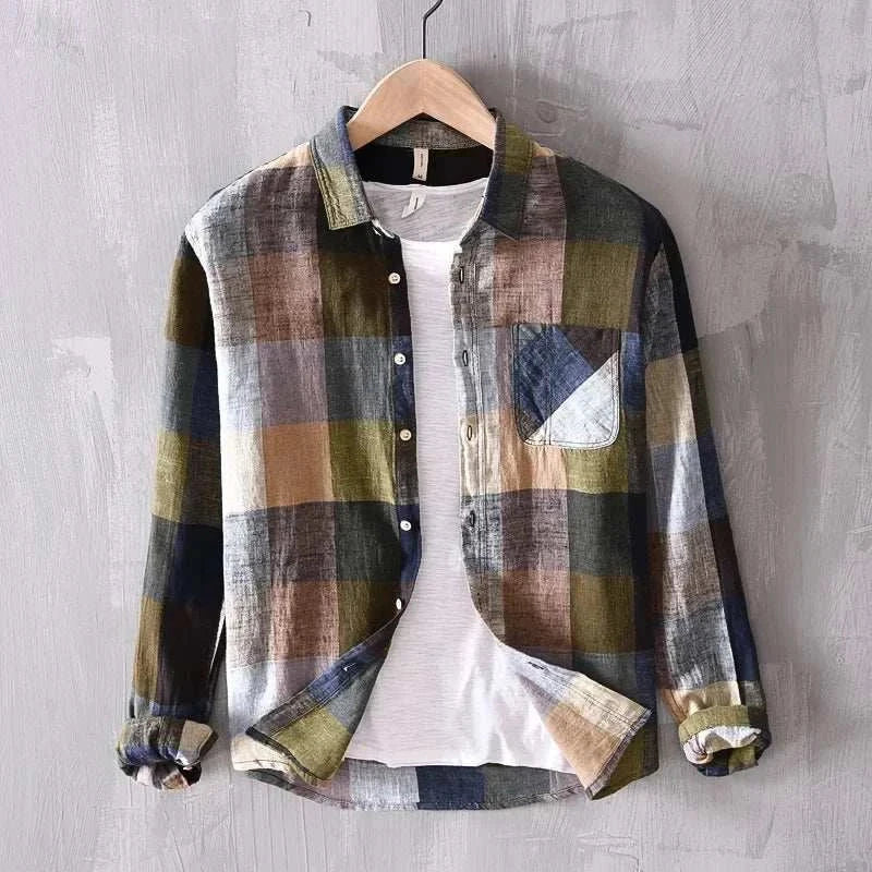 Linen-cotton plaid shirt