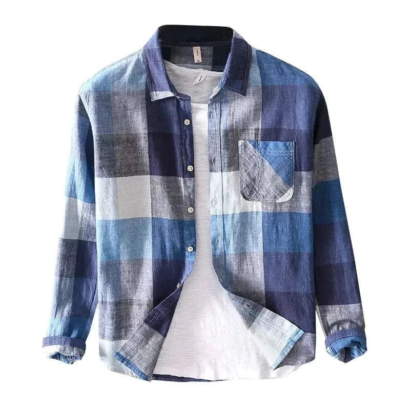 Linen-cotton plaid shirt