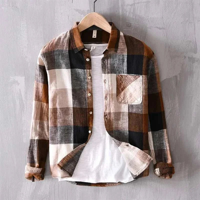 Linen-cotton plaid shirt