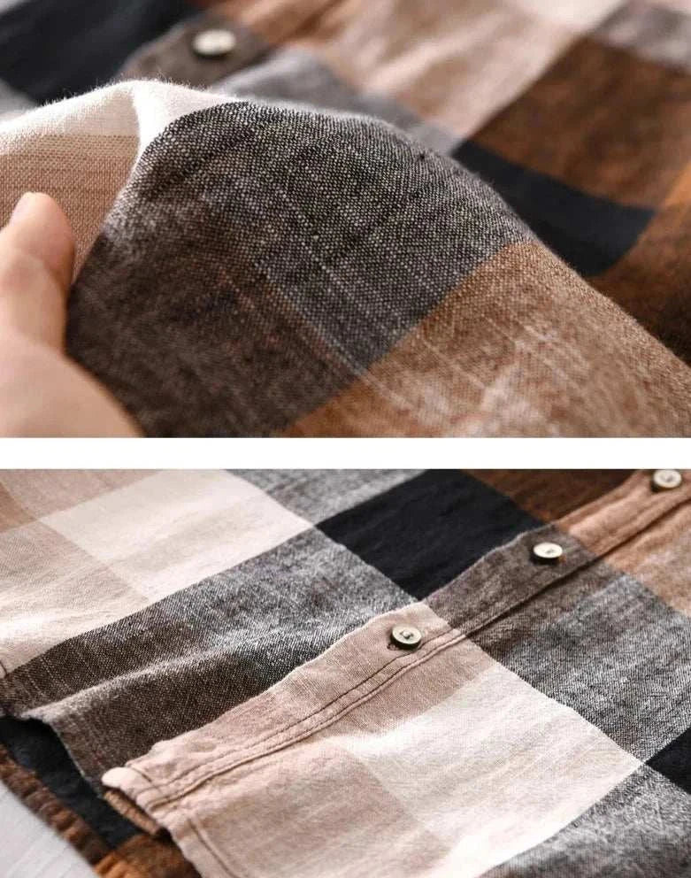 Linen-cotton plaid shirt